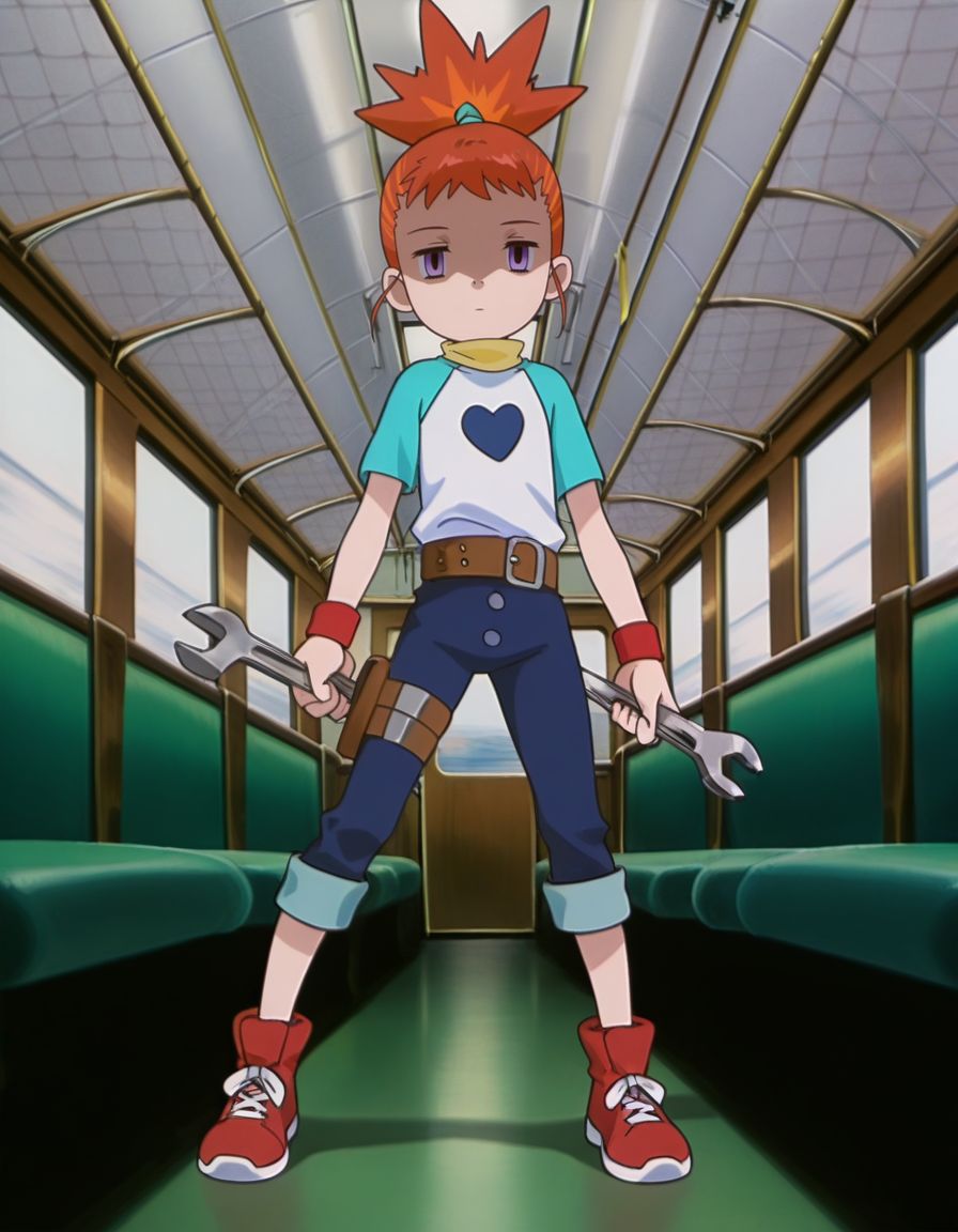 masterpiece, best quality, incoming attack, holding a single long wrench, solo, inside a train background, full body, 
, skinny, shaded face, empty eyes, expressionless, 
<lora:Mind_Controlled_Rika:1>, rik0, 1girl, orange hair, high ponytail, female child, purple eyes, raglan sleeves, yellow turtleneck, belt, blue pants, wristband, red footwear, pants rolled up,
