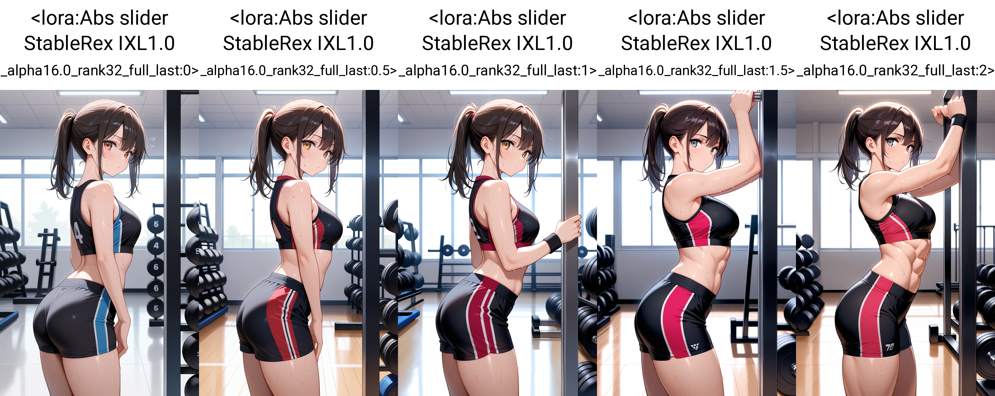 masterpiece, best quality, 1girl, solo, standing, sportswear, looking at viewer, gym, sweat,  <lora:Abs slider StableRex IXL1.0 _alpha16.0_rank32_full_last:0>