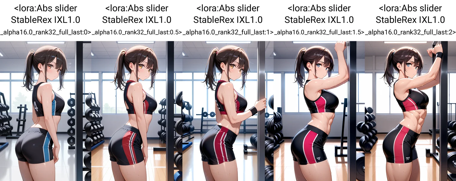masterpiece, best quality, 1girl, solo, standing, sportswear, looking at viewer, gym, sweat,  <lora:Abs slider StableRex IXL1.0 _alpha16.0_rank32_full_last:0>