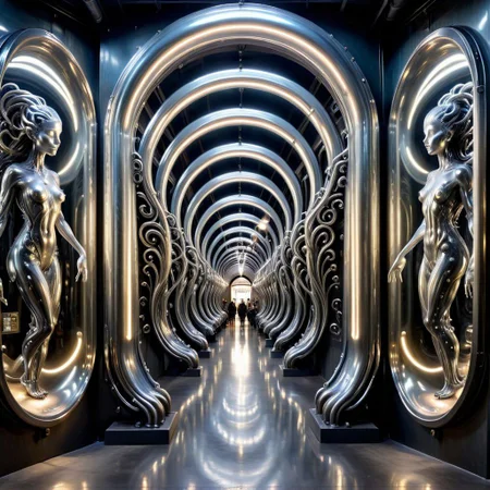 retro town, tunnel, LIQUID METAL oval biopunk ornaments on steel columns, light bulbs, giger art nouveau ornaments on glass walls, epic, colossal,Spiral Effect