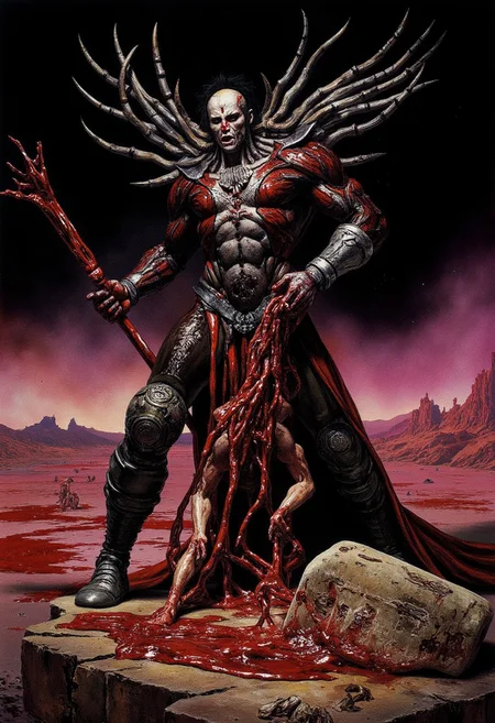 A 1990s style illustration with intense fusion of raw emotion and visceral imagery, deeply unsettling image of an inhuman antihero that evokes primal fear, the discovery of cosmic relics on a desolate planet, vivisection of ancient aliens