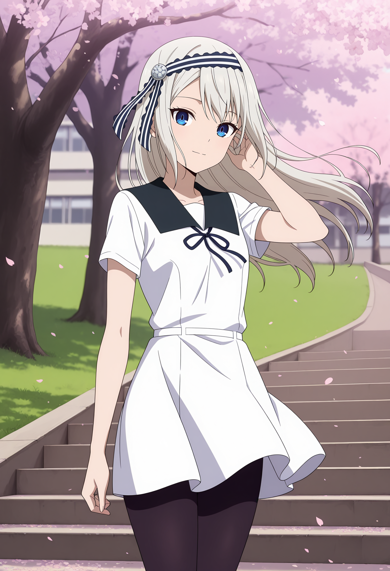 anime screencap, masterpiece, best quality,
<lora:Kaguya-samaWaKokurasetai_ShiroganeKei_IlluXL:0.9>,
1girl, solo, closed mouth, light smile, adjusting hair, floating hair,
long hair, grey hair, blue eyes, striped hairband, hair ribbon, striped ribbon,
black sailor collar, short dress, white dress, neck ribbon, black ribbon, short sleeves, black pantyhose,
floating clothes, wind,
standing, looking at viewer, cowboy shot, three quarter view,
cherry blossoms, falling petals, grass, tree, school, stairs, outdoors, photo background, blurry background