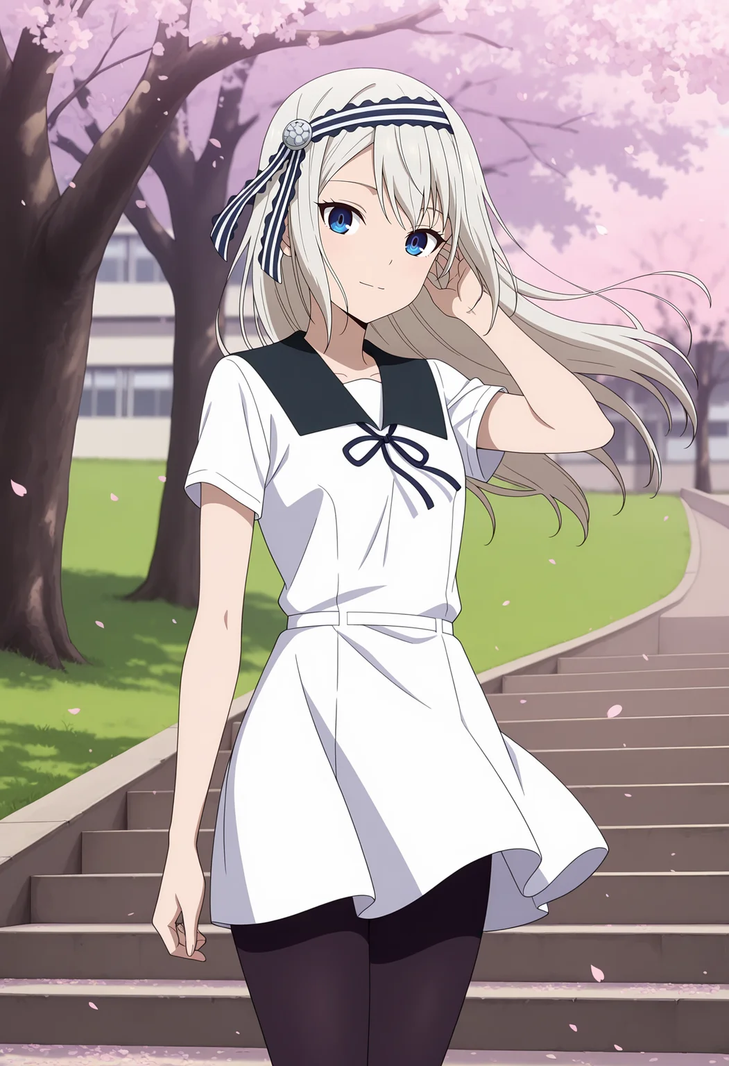 anime screencap, masterpiece, best quality,
<lora:Kaguya-samaWaKokurasetai_ShiroganeKei_IlluXL:0.9>,
1girl, solo, closed mouth, light smile, adjusting hair, floating hair,
long hair, grey hair, blue eyes, striped hairband, hair ribbon, striped ribbon,
black sailor collar, short dress, white dress, neck ribbon, black ribbon, short sleeves, black pantyhose,
floating clothes, wind,
standing, looking at viewer, cowboy shot, three quarter view,
cherry blossoms, falling petals, grass, tree, school, stairs, outdoors, photo background, blurry background