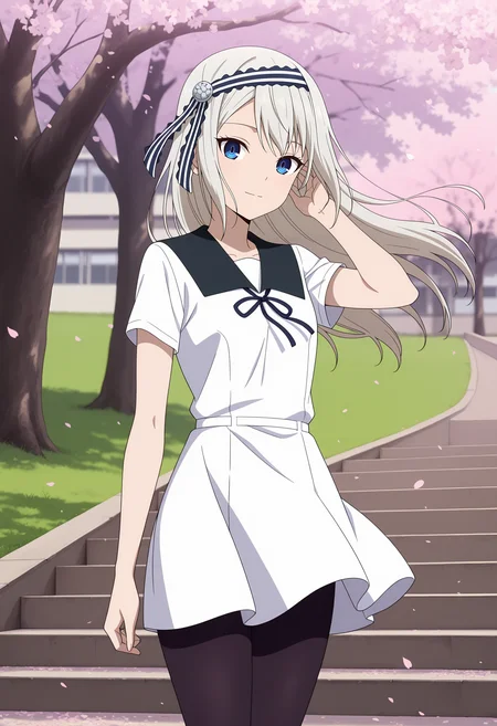anime screencap, masterpiece, best quality,
<lora:Kaguya-samaWaKokurasetai_ShiroganeKei_IlluXL:0.9>,
1girl, solo, closed mouth, light smile, adjusting hair, floating hair,
long hair, grey hair, blue eyes, striped hairband, hair ribbon, striped ribbon,
black sailor collar, short dress, white dress, neck ribbon, black ribbon, short sleeves, black pantyhose,
floating clothes, wind,
standing, looking at viewer, cowboy shot, three quarter view,
cherry blossoms, falling petals, grass, tree, school, stairs, outdoors, photo background, blurry background
