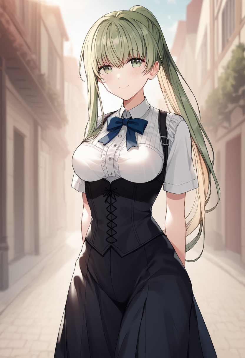 saint_cecilia, single sidelock, very long hair, green eyes, green hair, ponytail, official art, medium breasts, casual outfit, black skirt, long skirt, shirt, black corset, blue bow  BREAK outdoors, medieval city street BREAK cowboy shot, looking at viewer, arms behind back ,closed mouth, sexy smile, front view, flirty,  BREAK score_9, score_8_up, score_7_up, source_anime ,zPDXL,<lora:Saint_Cecilia:0.8>, solo,