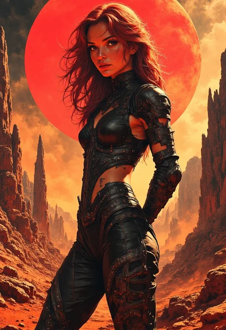 A fierce, warrior-like woman stands against a rugged Martian landscape with jagged rock formations and an ominous red planet looming in the sky. Her fiery, voluminous red hair frames her determined expression, giving her a powerful presence. She is clad in an intricate and provocative black armor-like outfit composed of interwoven straps and metallic spikes, which cover her arms, thighs, and shoulders. The outfit accentuates her toned physique while exuding both aggression and elegance. The scene is drenched in a rich, fiery orange glow, highlighting her sharp, confident pose as she gazes forward, hands delicately placed behind her back. The overall aesthetic combines elements of science fiction, fantasy, and raw femininity, evoking strength and dominance in an alien setting.