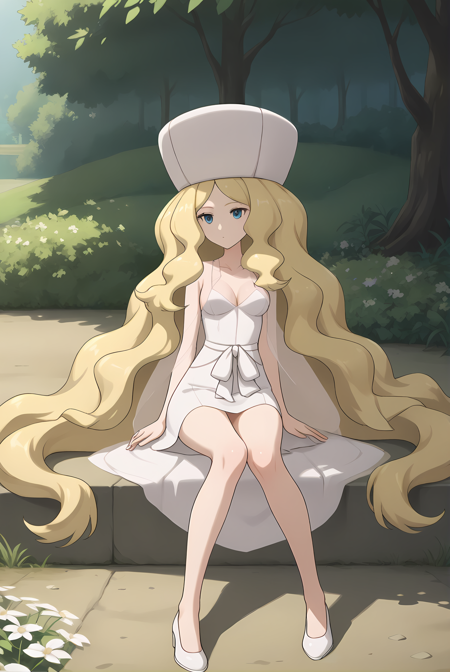 (white dress), pk-caitlin, pink hat, blonde hair, very long hair, blue eyes, medium breasts, 1girl, solo, skinny, score_9, score_8_up, score_8, score_7_up, score_7, score_6_up, score_6, score_5_up, score_5, source_anime, horny, outdoors, (1.3::full body|0.3::sitting|0.4::standing|0.4::lying|straight-on|0.6::close-up| :1.20), , <lora:pk-caitlin-V01-000004:0.90>