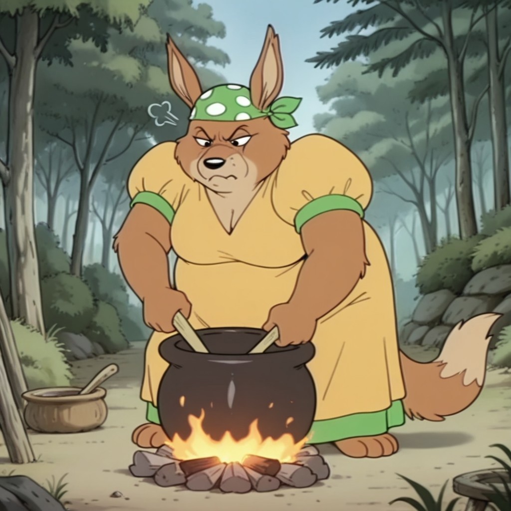 masterpiece, best quality, amazing quality, madingoil, semi-anthro, female, dingo, brown fur, black eyes, tail, yellow dress, green trim, green bandana, white dots, forest, cooking, 1girl, fat, grumpy