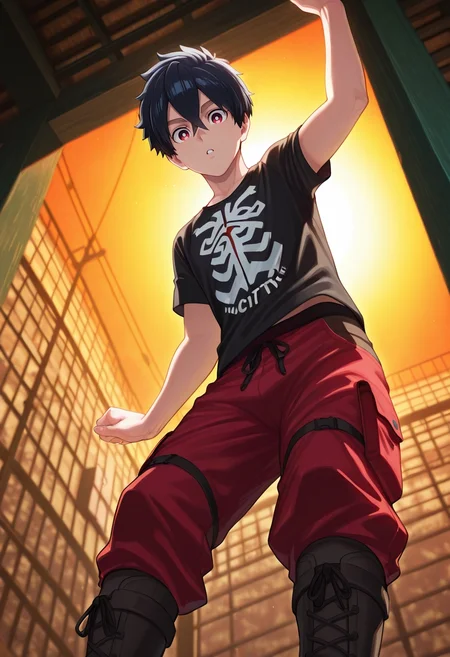 masterpiece, best quality, , (realistic:0.6), looking at viewer, 1boy, solo, male focus, <lora:kabane_kusaka_ilxl:0.92>, kabane_kusaka, black hair, red eyes, short hair, hair between eyes, kusaka kabane, , from below, treetops city, light, dancing, speaking, talking, Hiking pants, Mock neck T-shirt, Chukka boots, ,