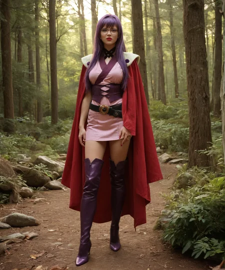 <lora:Mika_Ayanokoji_r2:0.9> 1girl, evilymikaayanokoji, solo, purple hair, long hair, glasses, lipstick, makeup, cape, nail polish, belt, boots, thigh boots, high heels, standing, outdoors, forrest, wood, trees, forrest background, full body, realistic, photorealistic, score_9, score_8_up, score_7_up, high contrast, film grain, Rim Lighting, masterpiece, best quality, high quality, realistic anatomy, 4k, highres, 8k, detailed skin, detailed face, centered, hyperdetailed, extremely detailed, Ultra-realistic, ultra quality, 8K UHD, photorealism, hyperrealism, attention to details, zPDXL3, break