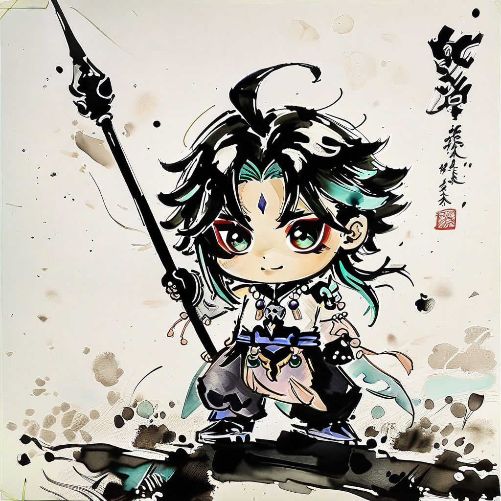 <lora:ink-style_A3.1_XL:1>,(ink-style, ink_wash_painting),(masterpiece,best quality),solo,1boy,male focus,xiao \(genshin impact\),smile,necklace,chibi,simple background,polearm,white background,jewelry,holding,gloves,green hair,multicolored hair,bead necklace,beads,weapon,tattoo,ahoge,holding polearm,parody,holding weapon,bangs,green gloves,arm tattoo,forehead mark,black hair,spear,parted bangs,full body,asymmetrical clothes,black eyes,closed mouth,standing,facial mark,single detached sleeve,meme,(ink-style_ink_wash_painting),