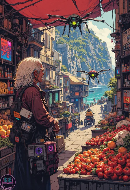A digital illustration of an elderly shopkeeper tending to a fruit and vegetable stall in a bustling cyberpunk market set in a seaside town inspired by Cinque Terre. a colorful drone-delivery bot zips around overhead. The market is vibrant with holographic displays advertising fresh produce, and the shopkeeper's warm smile contrasts with the high-tech surroundings. The scene exudes charm and a sense of community.