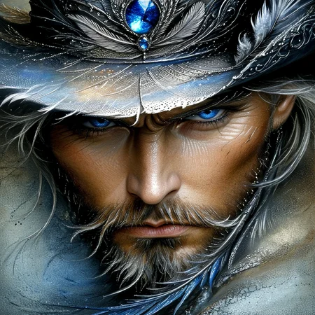 <lora:Ethereal_Gothic_EleganceSDXL:1> Ethereal Gothic Elegance, The image is a close-up portrait of a man's face. The man has a beard and mustache and is wearing a hat with a feather on top. The hat is made of metal and has a blue stone in the center. The feather is intricately detailed and appears to be made of feathers. The background is dark and the man's expression is serious and intense. The overall mood of the image is dark mysterious and powerful., 1boy, solo, facial hair, beard, male focus, blue eyes, hat, portrait, looking at viewer, closed mouth