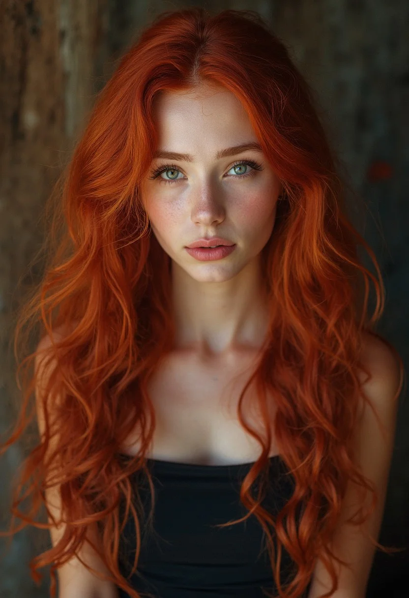 alt girl, a woman with red hair, medium long wavy ginger hair, young angry woman, a redheaded young woman, red haired young woman, wavy big red hair, beautiful long fire hair, long ginger hair, copper hair, flowing ginger hair, curly copper colored hair, long glowing red hair, long wavy red hair