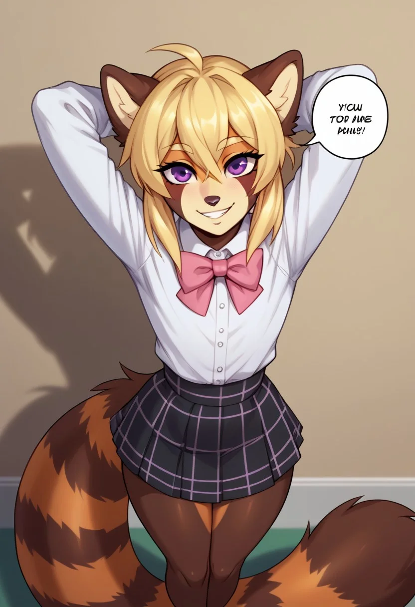 drawpanther_style,score_8_up, score_7_up, solo, foxacuwaku, red panda,1boy, femboy, long blonde hair, purple eyes, slim waist, wide hips, multicolored skin, brown tail, yellow face, BREAK,cute, sunny day, white shirt, pink bow tie, black plaid skirt, looking at the viewer, hands behind his back, wide smile,above the head speech piece, he says: "Anton, you are the best artist!!!"