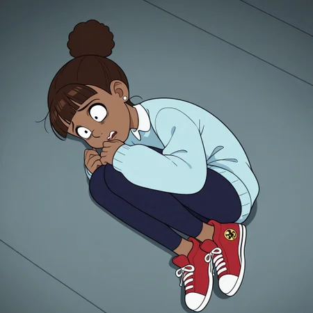 Marsha, 1girl, solo, Dark skin, dark brown hair in a high bun, straight bangs, small round earrings, light blue sweater with a white collar, dark blue leggings, red sneakers.
Marsha sitting on the floor in the fetal position. Scared face