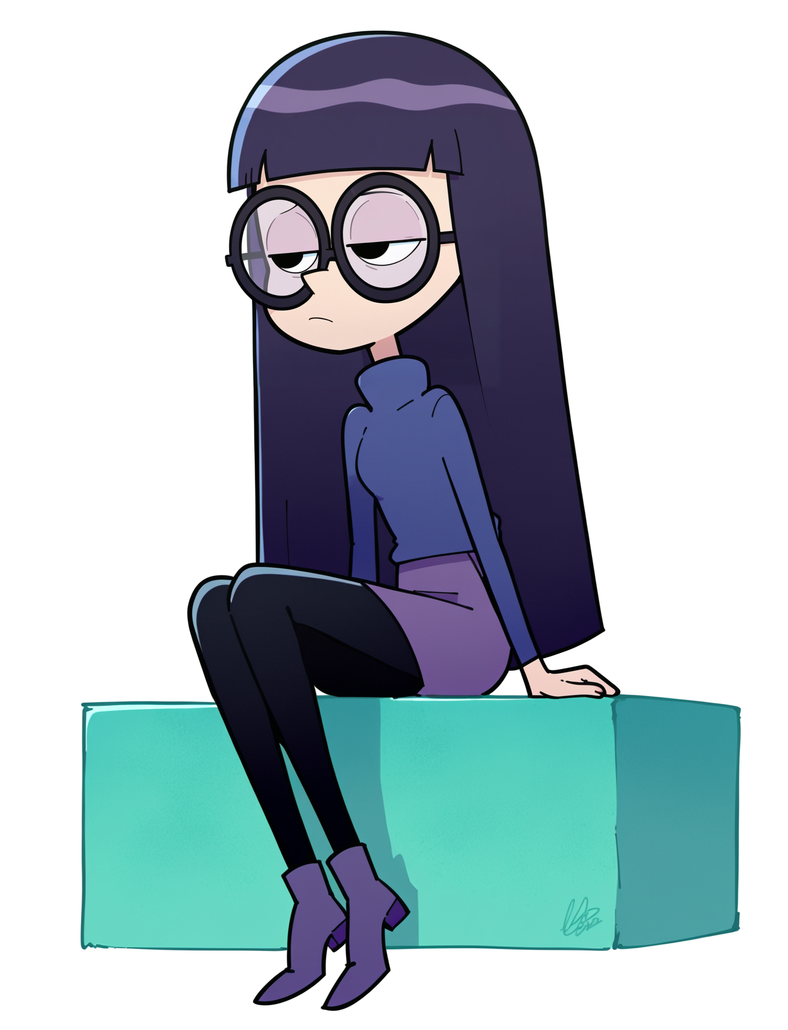 score_9, score_8_up, score_7_up, score_6_up, score_5_up, score_4_up, 1girl, <lora:Pandora_Les_filles_de_dad:0.9> pandora, glasses, long hair, turtleneck sweater, purple footwear, skirt, black pantyhose, long hair, blunt bangs, half-closed eyes, solo, cowboy shot, expressionless, white background, sitting,