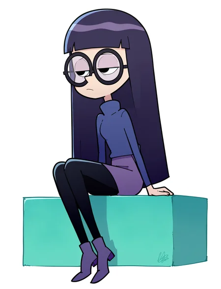 score_9, score_8_up, score_7_up, score_6_up, score_5_up, score_4_up, 1girl, <lora:Pandora_Les_filles_de_dad:0.9> pandora, glasses, long hair, turtleneck sweater, purple footwear, skirt, black pantyhose, long hair, blunt bangs, half-closed eyes, solo, cowboy shot, expressionless, white background, sitting,