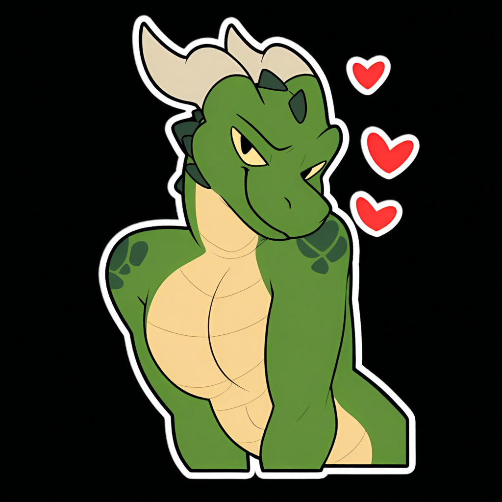 <lora:NowAndLater_Telegram_Sticker_Style_NAI-XL:1> NALTS, sticker, ((black background)), male, solo, anthro, furry, western dragon, green scales, horns, sexy pose, heart, quality, masterpiece