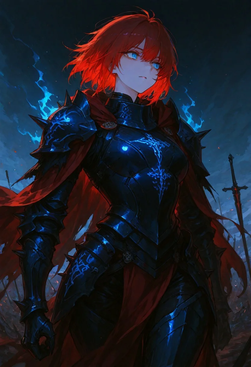 (masterpiece), (best quality), (ultra-detailed), amazing quality, very aesthetic, illustration, newest, upper body, colorful, vibrant, looking to the side, (oil painting:1.1), cinematic lighting, <lora:Avarice:1>, edgeofavarice, avarice, glowing blue runes, dark fantasy,
1girl, solo, cape, long sleeves, faulds, black and blue armor, spiked armor, spiked gauntlets, full_armor, large_breats, wide_hips, full_plate_armor, no helmet, two-colored hair black and blue, beautiful face, eyes, blue eyes, black_armor, spiked_shoulders, clawed_gauntlets, cursed_emblem, segmented_faulds, tattered_cape, aura_of_dread, intimidating_presence, hellish_glow, massive_blade, battlefield_setting, heavy_armor, red hair