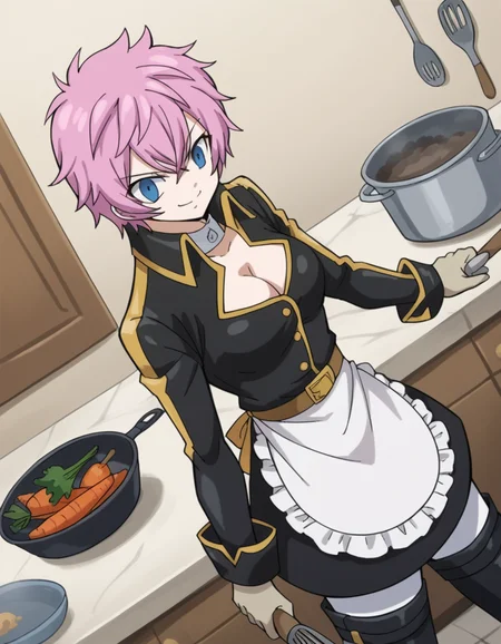 score_9, score_8_up, score_7_up, source_anime, <lora:fairytail-virgo-s7-ponyxl-lora-nochekaiser:1>,, eclipse virgo, short hair, bangs, blue eyes, pink hair, thighhighs, gloves, cleavage, pantyhose, boots, thigh boots, collar, jacket, black jacket, belt,, kitchen, cooking, apron, cutting vegetables, home cooking, smile, , arm wrapped around someone, solo,, cowboy shot, dutch angle