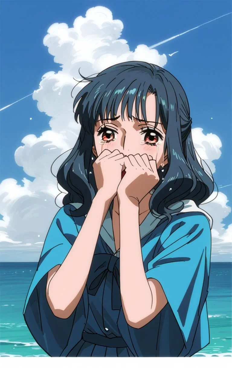 <lora:PONY_character_ain-000004:1>,ain_(one_plece),1girl,solo,tears,parody,covering_own_mouth,cloud,sky,anime_coloring,ocean,looking_at_viewer,day,retro_artstyle,outdoors,, score_9, score_8_up, score_7_up, score_6_up,1girl