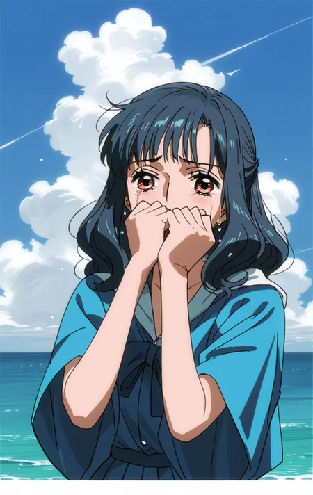 <lora:PONY_character_ain-000004:1>,ain_(one_plece),1girl,solo,tears,parody,covering_own_mouth,cloud,sky,anime_coloring,ocean,looking_at_viewer,day,retro_artstyle,outdoors,, score_9, score_8_up, score_7_up, score_6_up,1girl