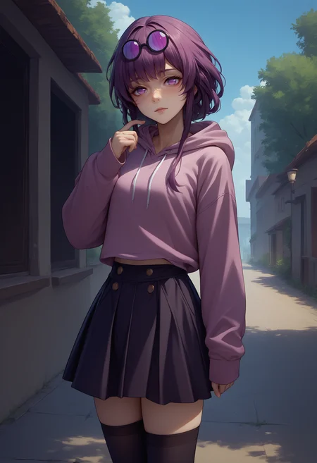 score_9, score_8_up, score_7_up, source_anime, 1girl, kafka, purple eyes, bangs, eyewear on head, <lora:Kafka_XLPD:0.85>, outdoors, hoodie, skirt, black thighhighs,