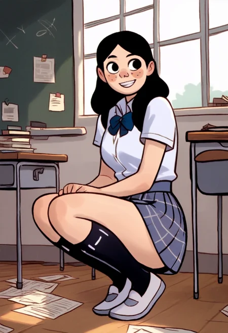 score_9, score_8_up, score_7_up, score_6_up, score_5_up,  1girl, solo, full body,
(source_cartoon),
<lora:Anya Borzakovskaya (Anya's Ghost):0.95>
Anya_B, pale skin, white skin, freckles, blush stickers, black hair, long hair, dark eyes, smiling,
school uniform, plaid skirt, school setting, school,
detailed background, indoors,
<lora:Expressive_H:0.7> Expressiveh,
<lora:add-detail-xl:0.9>