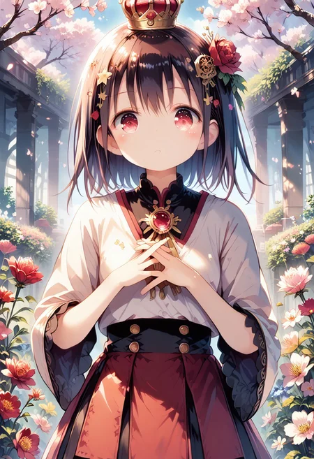 score_9, score_8_up, score_7_up, 1girl,FujisakaLP,high definition eyes, (masterpiece), (best quality), (ultra detailed),(disheveled hair),(illustration), (best shadow), detail1eye, 18 year old beautiful girl, masterpiece, best quality, 8K animation, detailed fingers, precise fingers, not unnatural hands, illustration, 1 girl, solo, pink bob cut, gold crown, flower hair ornament, sagging eyes, red mini skirt, YUI