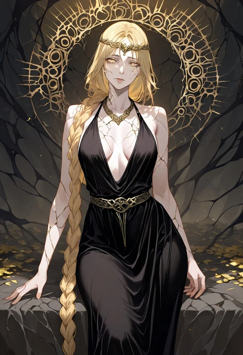 masterpiece, best quality, newest, absurdres, highres,
DTILV1.0,
1girl, queen marika the eternal (elden ring), bare shoulders, black dress, circlet, gold circlet, cracked skin, halter dress, halterneck, long hair, yellow eyes, braid, braided hair, long braid, blonde, blonde hair,