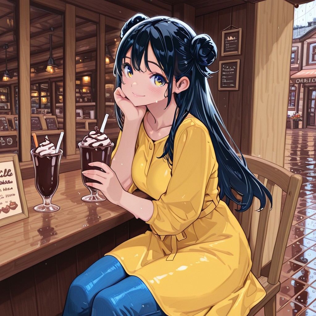 highres, ultra-detailed, illustration, colourful, masterpiece, 8k, soft lighting, (1girl, black hair, double buns, yellow dress, blue denim pants) , sitting , happy , drinking straw , looking at viewer , cute face , cafe , chocolate milkshake , rainy day