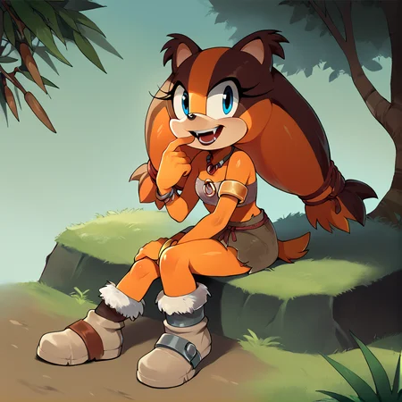 score_9, score_8_up, score_7_up, score_6_up, score_5_up, score_4_up, BREAK, <lora:sticksthebadger:0.8>, sticks the badger, 1girl, solo outside looking at viewer, open mouth, happy expression, fangs, skirt, bandeau, skirt, jewelry, body fur, furry female, orange fur, two-tone fur, blue eyes, sitting, boots, <lora:thiccwithaq-artist-richy-v1_pdxl:1>