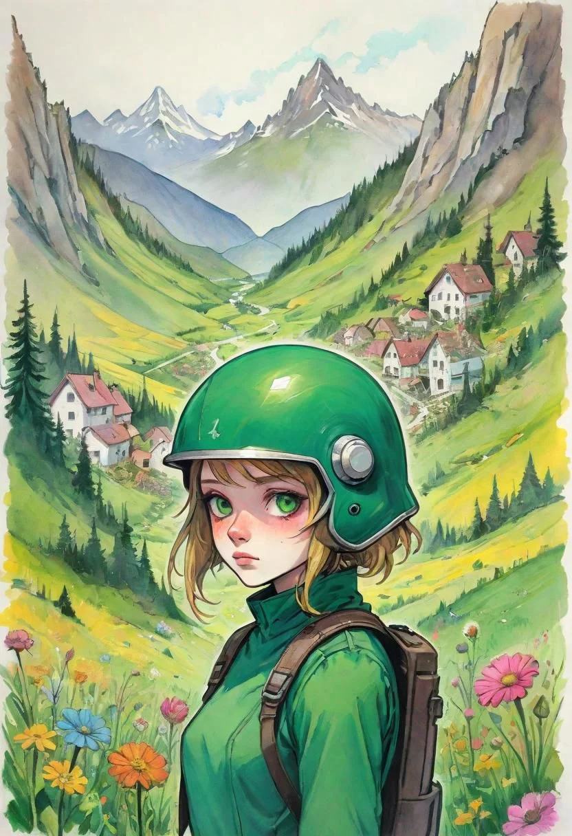 ASCIIComic graphic novel of a {Girl, stern look, skinny, helmet and sci-fi uniform, science fiction, post-apocalypse, dystopian future of a ruined world in the background, (oil painting:0.75) and (Watercolor brush:0.125) and (pastel crayons:1.25)}, landscape of a {wide emerald Alpine valley, studded with small white houses like as flowers, framed by a forest covered with deep shadows of mountains, mottled with deep wrinkles, cumulus clouds light as bird feathers, driven by the wind carried over the snow-capped peaks}, by (Enki Bilal:1.36) and (Asher Brown Durand:1.36)
