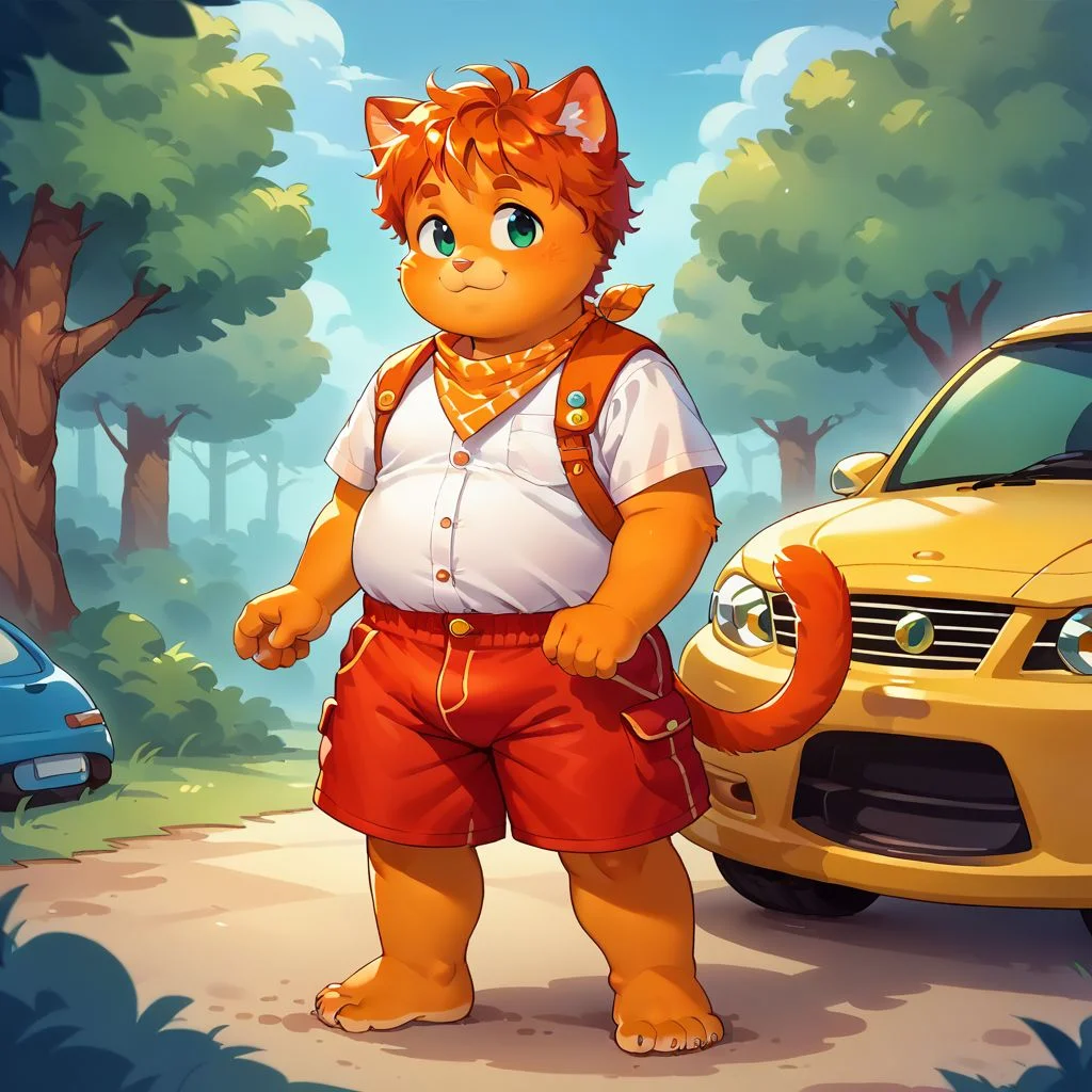 score_9, score_8_up, score_7_up, source_anime, fat, double chin, fat arms, fat legs, chubby cheeks, freackles, wearing a boyscout uniform, wearing shorts, wearing boy scout shirt, unbuttoned, wearing neckerchief, standing, summer camp background, 1boy, cat ears, car tail, paws, orage fur, solo, forest background, happy mood, young, ginger hair, messy hair, barefoot, chibfurri, furry, anthro, five toes, cub.