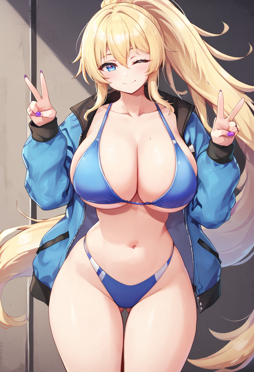 score_9, score_7_up,  1girl, 
solo, huge breasts, wide hips, thick thighs, long sleeves, blue eyes, ponytail, one eye closed, jacket, very long hair, open jacket, blonde hair, cleavage, blue jacket, purple nails, looking at viewer, long hair, curvy, thighs, v, blue bikini, high ponytail, ;\), nail polish, swimsuit, bikini, smile, cowboy shot, breasts, collarbone, hands up, hair between eyes, ass visible through thighs, open clothes, closed mouth
 <lora:deadnoodles-Style-PonyXL-GLoRA-000049:1>