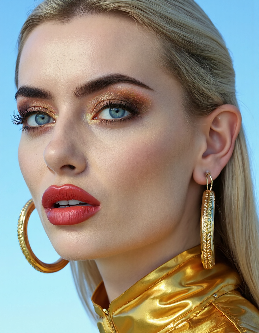 A hyper-detailed, avant-garde photograph featuring a striking woman with pale light skin against a clear, light blue sky. Her full-face close-up highlights the smooth texture of her flawless complexion. Shimmering metallic eyeshadow enhances the depth of her piercing gaze, while her glossy, deep red lips create a bold contrast to her skin. Large, intricately detailed golden hoop earrings reflect light, contributing to her modern allure. She wears metallic urban Buddhist monk clothing, with a turtle neck that enhances her avant-garde look. The reflective surfaces of her earrings and outfit create a dynamic interplay with the environment, emphasizing her sleek presence. The minimalist background allows the viewer to focus on her eye-catching fashion and makeup. Captured with a Sony A7R IV camera and a 50mm f/1.2 G Master lens for a beauty editorial shoot, this composition highlights her fashion-forward aesthetic. Inspired by avant-garde fashion photography from Sølve Sundsbø, this image blends contemporary fashion and minimalist elegance, embodying mythp0rt and niji_flux styles for a sleek, high-fashion vision. ((glow_skin, iridescent skin, oily skin, portrait)).