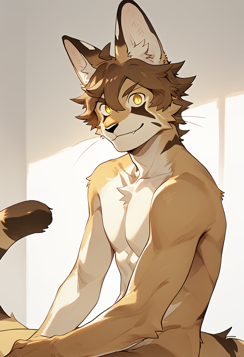 score_9, score_8_up, score_7_up, high quality, hires, solo, sc00ter, furry male, luxury_gin, brown hair, yellow eyes, short hair, long tail, smile, animal ear fluff, naked, looking at viewer, <lora:Scooter_Leptailurus_serval_luxury_gin_OC:1>, <lora:add-detail-xl:2>