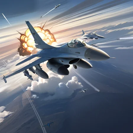 <lora:F-16_Illustrious:1>, f-16, dogfight, two fighter jets, missile launch, aerial battle, vapor trails, dramatic clouds, dynamic pose, motion blur, cinematic lighting, explosion in background, aircraft, masterpiece, best quality, amazing quality