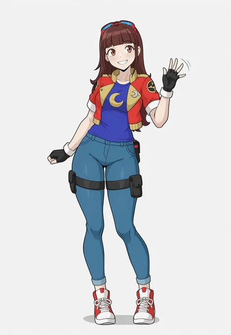 masterpiece, best quality, newest, absurdres, highres, luna-utopus, long hair, brown hair, brown eyes, blunt bangs, fingerless gloves, red jacket, eyewear on head, black gloves, open jacket, cropped jacket, goggles on head, blue shirt, crescent on shirt, short sleeves, standing, smiling, waving hello, happy, full body, solo, alone, blank background, empty background, no background