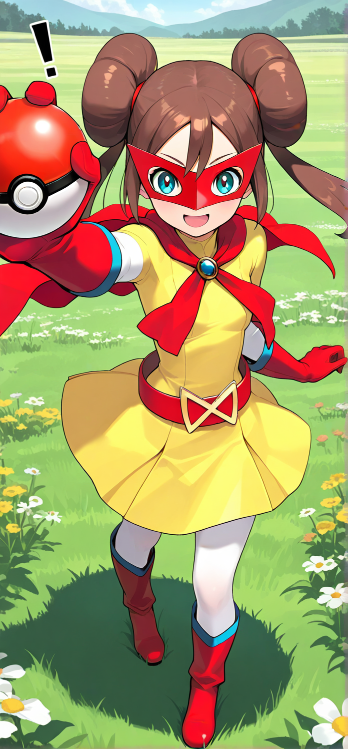 2d, masterpiece, best quality, amazing quality, 1girl, solo, close-up, standing, open mouth, smile, exclamation mark, stretched arm, full body,holding pokeball, looking at viewer, meadow, day,rosagirl, brown_hair, blue_eyes, double_bun, twintails, superhero, yellow_dress, white_sleeves, red_cape, domino_mask, red_mask, red_gloves, belt, white_pantyhose, red_footwear, knee_boots