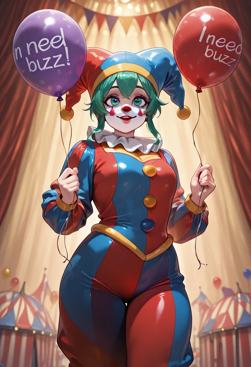 masterpiece, best quality, amazing quality, 1girl, clown, need_buzz, one balloon, holding balloon, message in balloon, message 'need buzz', need_buzz, circus background, circus tent, clown suit, perfect eyes,