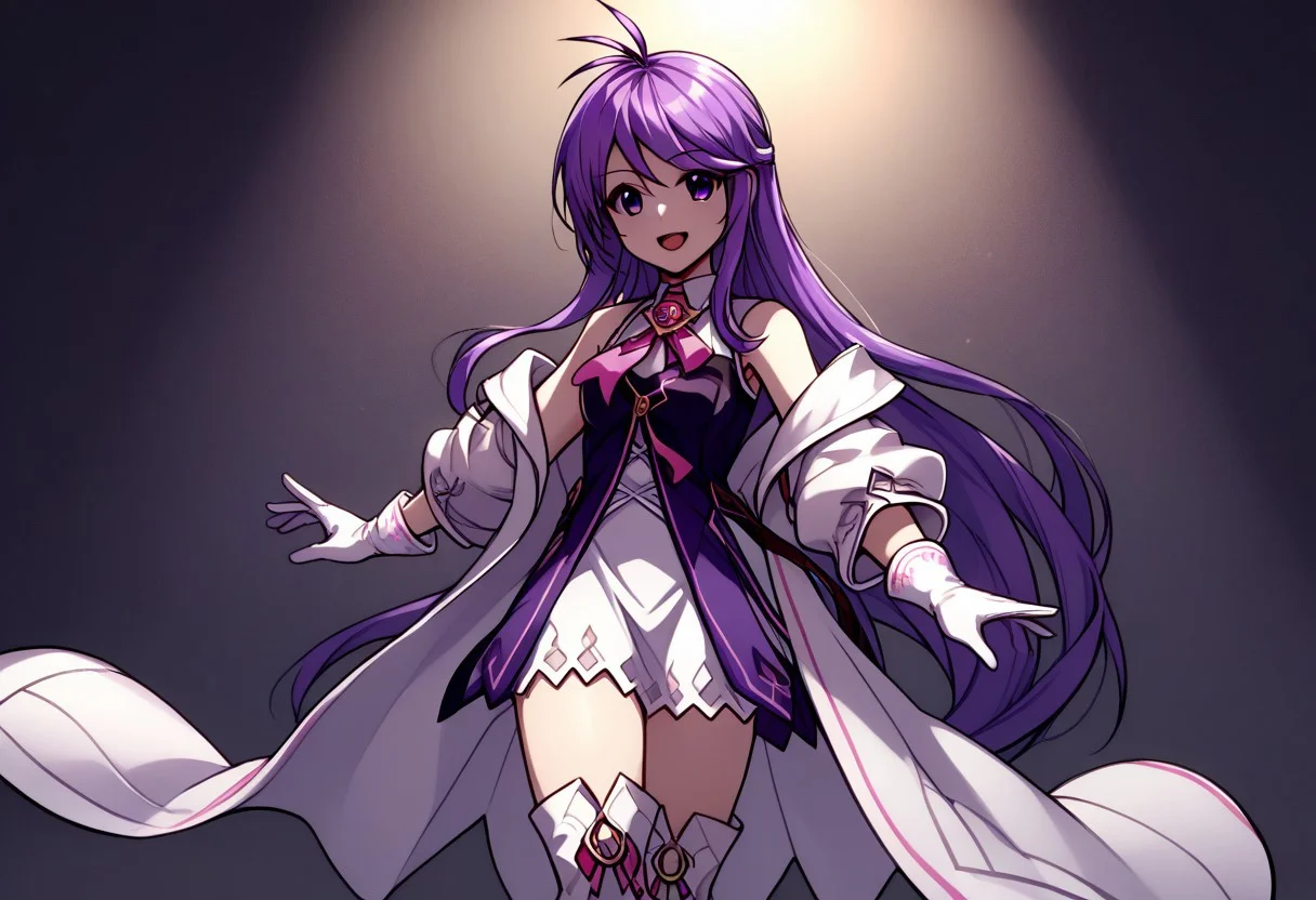 score_9, score_8_up, score_7_up, source_anime, good anatomy, 1girl, solo, AishaAS, antenna hair, ahoge, long hair, purple hair, sidelocks, very long hair, purple eyes, amulet, pink ribbon, wing collar, white and purple dress, layered dress, sleeveless dress, leather belt, off shoulder coat, white coat, white gloves, white thighboots, zettai ryouiki, standing, smiling, open mouth