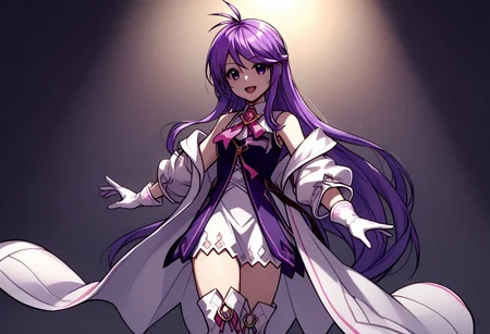 score_9, score_8_up, score_7_up, source_anime, good anatomy, 1girl, solo, AishaAS, antenna hair, ahoge, long hair, purple hair, sidelocks, very long hair, purple eyes, amulet, pink ribbon, wing collar, white and purple dress, layered dress, sleeveless dress, leather belt, off shoulder coat, white coat, white gloves, white thighboots, zettai ryouiki, standing, smiling, open mouth