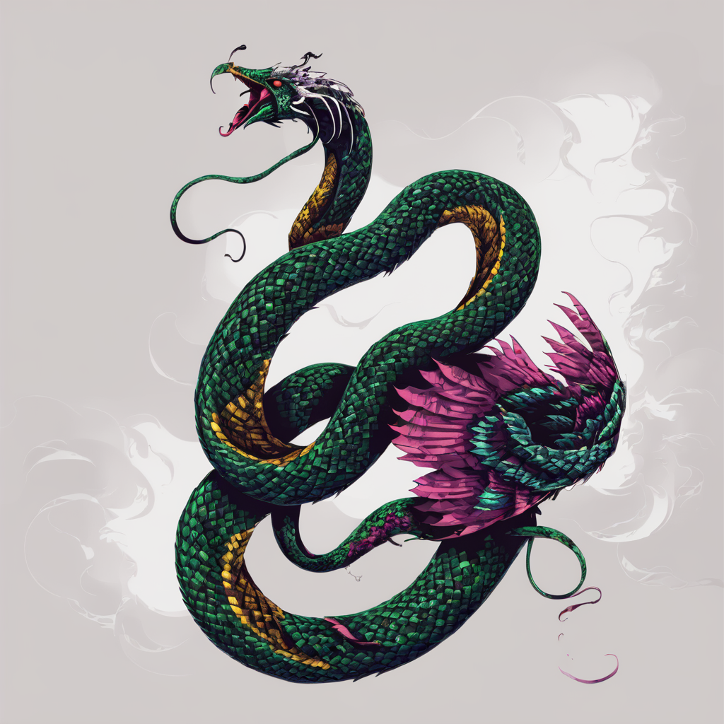 <lora:1v4n:1>1v4n  occamy2 flying snake vibrant white background