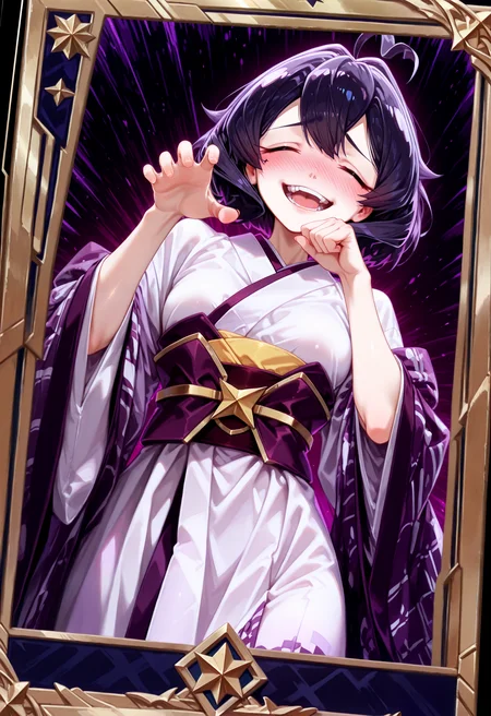 (card (medium):1.2), framed, (close-view:1.0),cowboy shot,(dutch angle, dynamic angle:1.3), (very aesthetic:1.1), high contrast hair, solo, 1girl, Hiiragi_Utena, closed eyes black hair, ahoge, short hair, adult, cute, perfect round breasts, perfect nose, (perfect hands:1.0), (purple magnificent layered kimono), (perfect smooth shiny skin:1.2),  (heroic pose:1.2), evil grin, open mouth, heavy full-face blush, looking at viewer, raytracing,  (stripe patterned white and black background, color gradient:1.2), newest, masterpiece, best quality, absurdres, highres, highly detailed, <lora:IL\Z2Styles\Hiiragi Illustrious>, , <lora:IL\Z2Styles\fiz-rot_illustrious_v1:0.6>, <lora:IL\best\cfg_scale_boost:0.2>