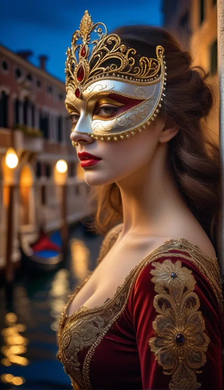 (Head-to-waist portrait, in profile, looking at view), Venetian masquerade young woman, Intricate costume and highly detailed traditional Venetian mask, (French features), refined, distinctive and intricate, beautiful facial features, detailed enchanting eyes, ultramarine gold, ((Russian red and gold details, red and gold theme)), background is the Bridge of Sighs in Venice at night, In the style of Victoria Frances and Daria Endresen, Mysterious ambiance, at night, ultra-fine photorealistic digital art, detailed, concept art, perfect lighting, realistic textures, (beautiful, gorgeous, stunning), intricate, ((perfect body)), ((posing)), ((depth of field)), (realistic:1.5)