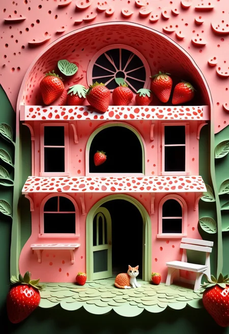 A Berry Good Bookstore:
A tiny corner bookstore shaped like a halved strawberry, with circular windows as seeds and green leafy trim forming awnings. A bicycle rests outside, a cat naps near the steps, and hand-painted signs advertise “Sweet Reads.” Composition is simple, centered, and inviting—storybook-like in warmth and composition.
Tags: minimalist composition, simple composition, clean lines, made of strawberry, low-poli, voronoi, voxels, transformed into a strawberry-themed landscape, strawberry-themed elements, illustration insanity, surrealist artistic textures, fluid realism, Paper Quilling,