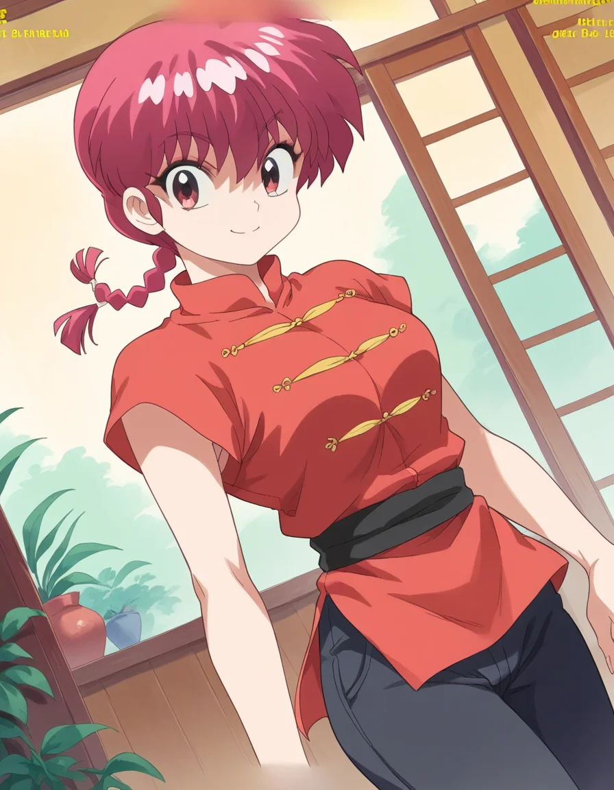 score_9, score_8_up, score_7_up, source_anime, <lora:ranma-saotome-leak-ponyxl-lora-nochekaiser:1>, ranma saotome, braid, red hair, single braid, braided ponytail, red eyes,, pants, chinese clothes, tangzhuang,, indoors, smile, looking at viewer, solo,, cowboy shot, dutch angle