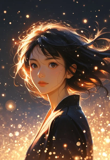 score_9, score_8_up, score_7_up, 1girl, solo, sakurajima_mai, black hair,, 
particles,